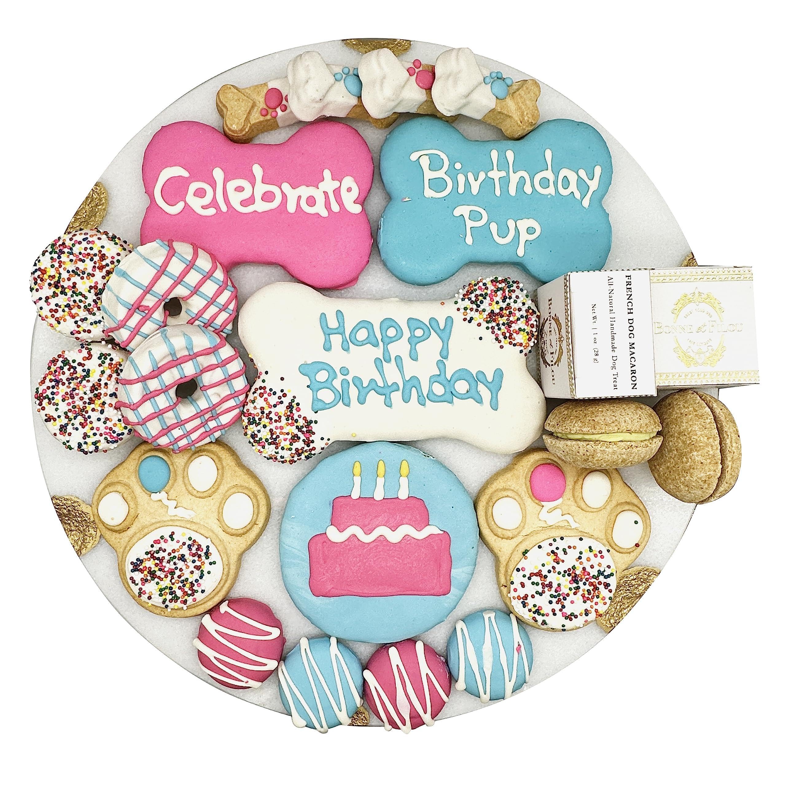 Bonne et Filou Dog Birthday Treats Human Grade Gourmet Dog Treats Gift Box 22 Luxury Dog Treats with Dog Macarons Truffles & Bone Cookies Healthy Dog Treats for Small to Large Dogs