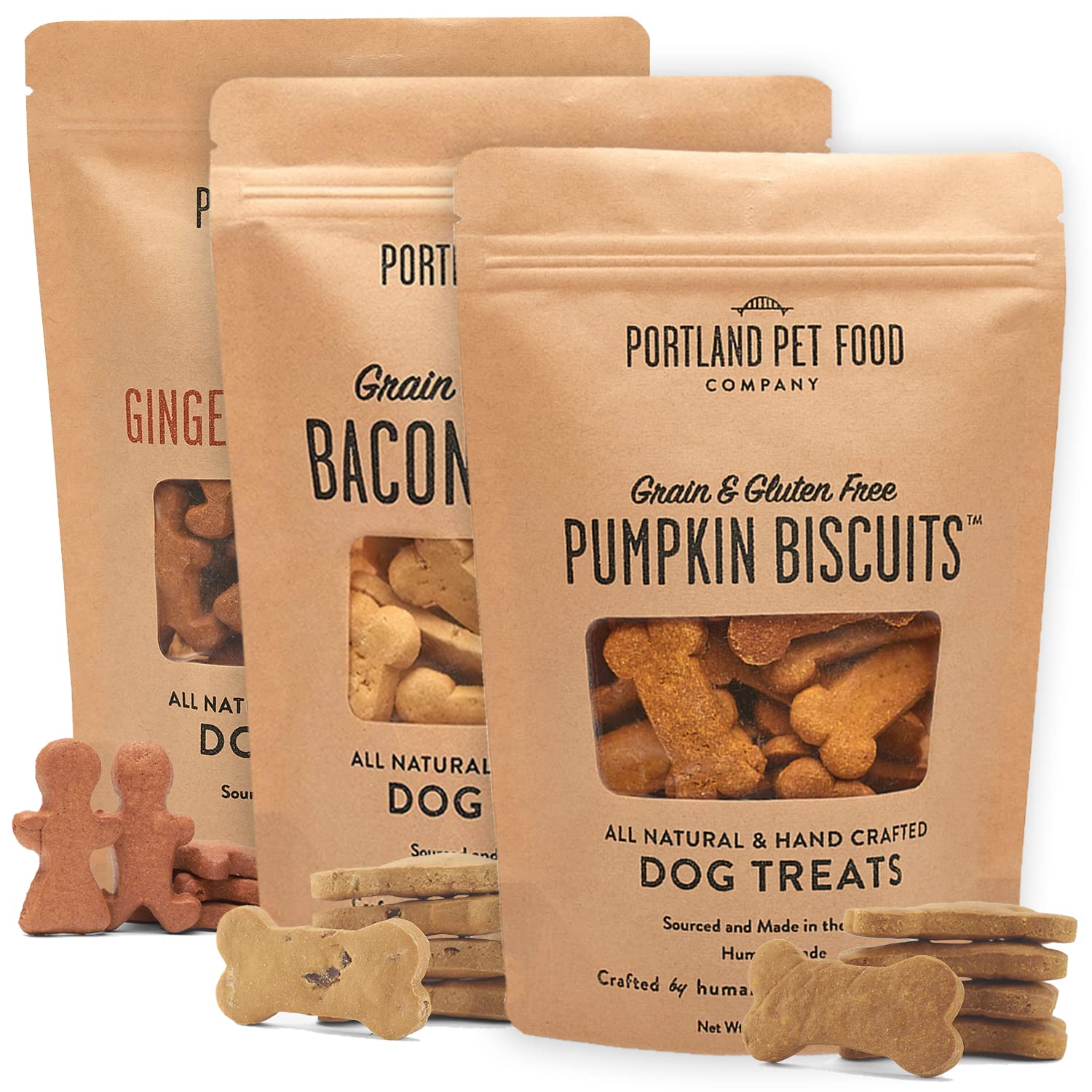 Portland Pet Food Company Healthy Dog Treats Variety 3-Pack - Grain-Free Human-Grade Gingerbread Pumpkin and Bacon Dog Treats Multipack - Natural Dog Training Treats & Biscuits Made in the USA Only
