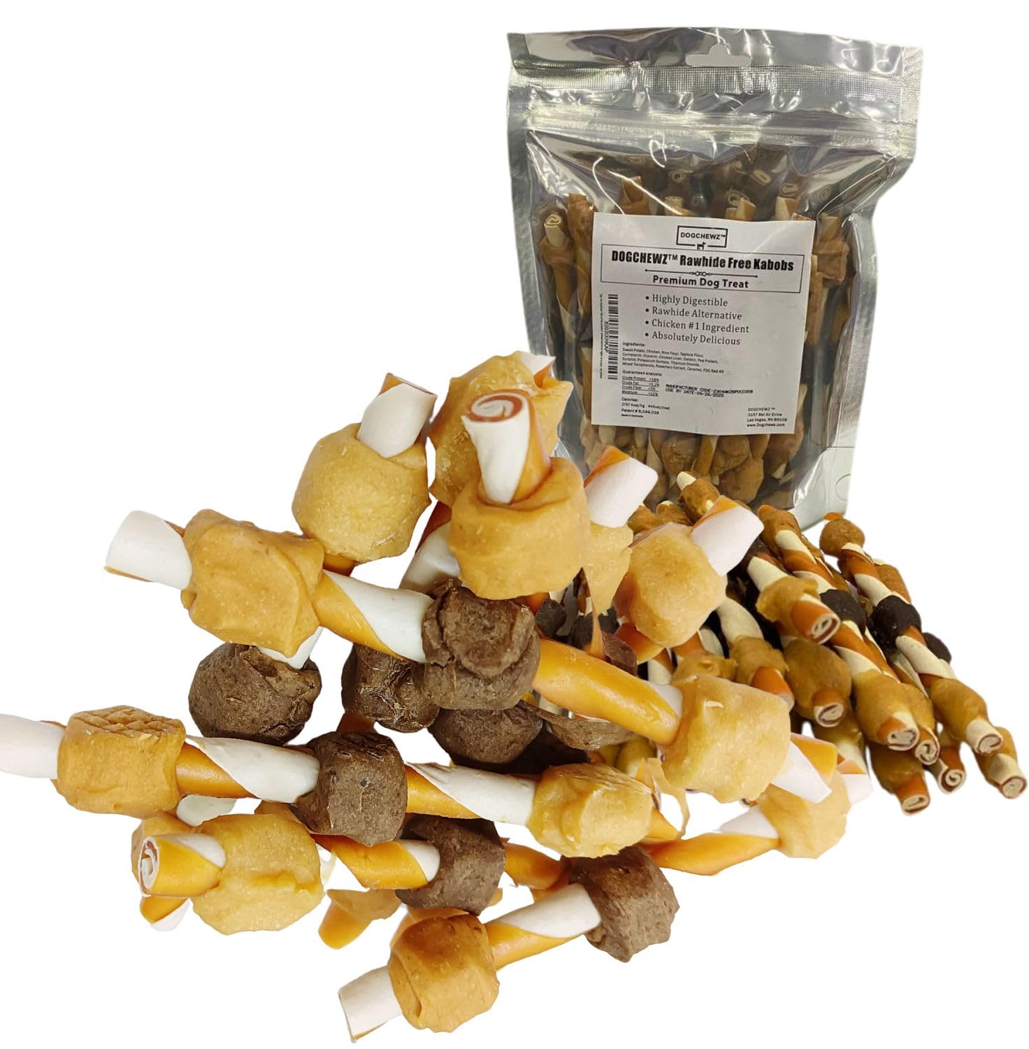 DOGCHEWZ™ Rawhide Free Kabobs Dog Chew Treats 5" (24 Ct/Bag) - Chicken Flavor - Gluten Free - Protein Rich and High Fiber Food for Dogs